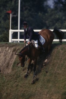 10038993 SPORT Equestrian  Show Jumping Nick Skelton coming down the Derby bank at Hickstead on bay horse.
