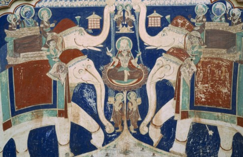 INDIA, Rajasthan , Shekawati Region, Fatehpur. Close up detail of colourful old mural depicting