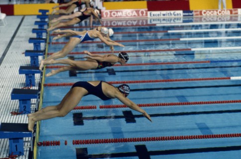 10044879 SPORT Water Swimming View across the start line at Crystal Palace as swimmers dive in