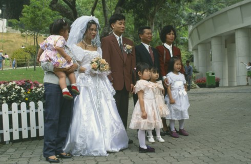 HONG KONG, Central, Hong Kong Park, "Western style wedding, bride, groom, bridesmaids and family