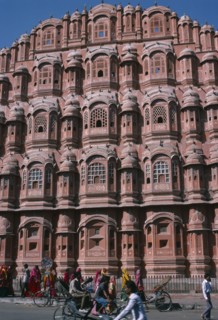 INDIA, Rajasthan, Jaipur, "Hawa Mahal or Palace of the Winds.  Part view of semi-octagonal,