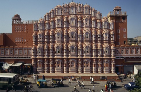 INDIA, Rajasthan, Jaipur, "Hawa Mahal or Palace of the Winds facade dating from 1799.  Busy street