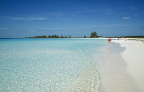 CUBA, Isla De Juventud, Cayo Largo, Playa Sirena with couple of tourists walking by the waters edge