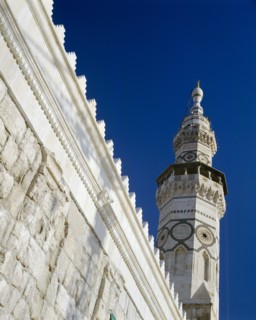 SYRIA, South, Damascus, Ummayyed Mosque.  Detail of ornate wall and minaret.