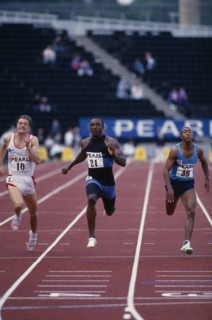 10028334 SPORT Athletics Track Linford Christie  Colin Jackson and Toby Box running the 100 metres at Crystal Palace.