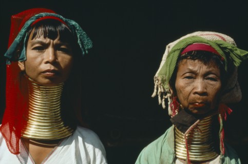 THAILAND, People, Padaung women refugees from Myanmar with their necks encased in traditional rings
