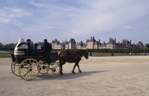 FRANCE, Fontainebleau, Tourist horse and cart travelling through grounds