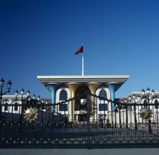 OMAN, Capital Area, Muscat, "Al Alam Palace. Main entranc with blue and gold colomns,ornate gates