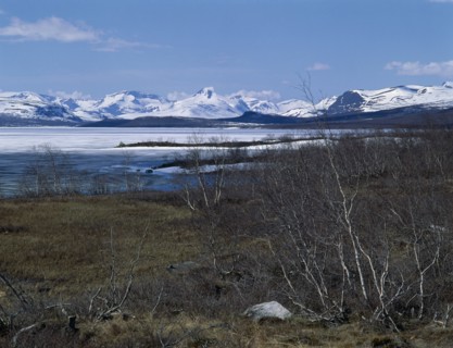 FINLAND, Lapland, " Kilpisjarvi     West view Norway,Way of the Four Winds,lake snow capped peaks "