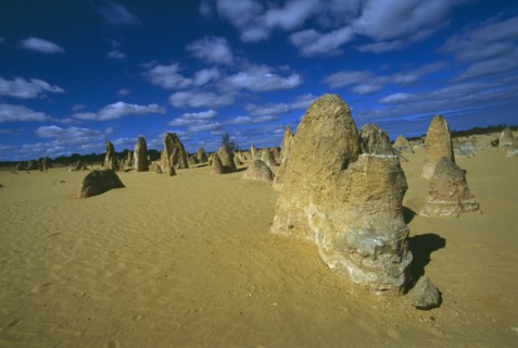 AUSTRALIA, Western Australia, Nambung National Park,  Rock pinnacles in desert landscape.