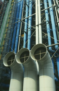 FRANCE, Ile de France, Paris, View looking up at exterior detail of the Pompidou Centre Beaubourg