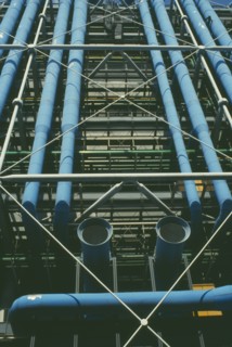 FRANCE, Ile de FRance, Paris, View looking up at exterior detail of the Pompidou Centre Beaubourg