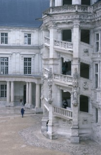 FRANCE, Loire Valley, Blois, Exterior view of ornate spiral staircase and courtyard of the Chateau.
