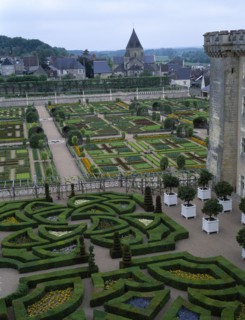 FRANCE, Loire Valley, Villandry, View over the formal gardens from the Chateau.