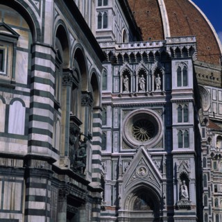 ITALY, Tuscany, Florence, Part view of exterior walls of the Baptistry and the Duomo.