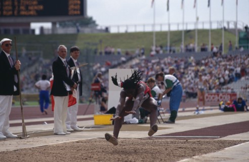 10028030 SPORT Athletics Long Jump L. Nathan U S A competitor of the Heptathalon at the World Student Games in Don Valley  Sheffield  England.