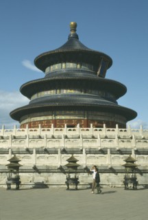 CHINA, Hebei, Beijing, Temple of HeavenRound temple standing on a square base with passing men