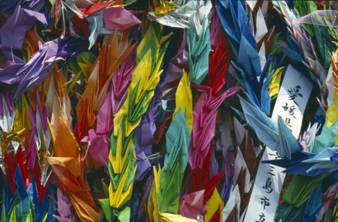 JAPAN, Honshu, Hiroshima, Paper origami cranes at the Children’s Memorial in the Peace Park gardens
