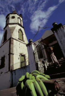 WEST INDIES, Dominica, Roseau, The Methodist Church with Harvest Festival Offering of bananas on