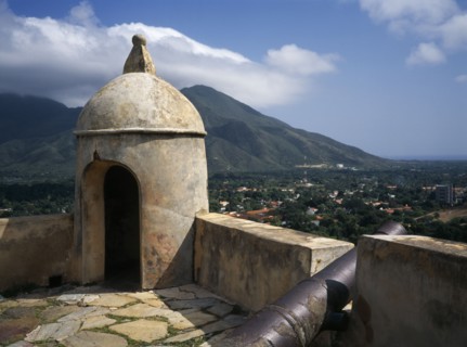 VENEZUELA, Margarita Island, La Asuncion, "Santa Rosa Fort, corner of crenellated battlements with