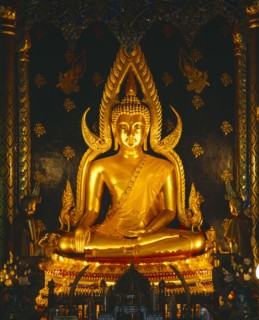 THAILAND, Bangkok, "Marble Temple, interior, golden buddha statue, gold, black b'gnd "