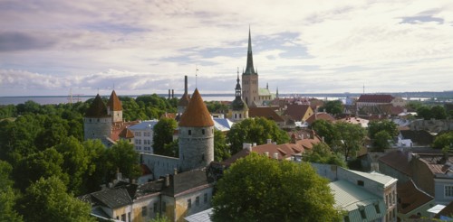 ESTONIA, Tallinn, Aerial view over the city rooftops