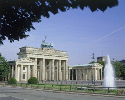 GERMANY, Berlin State, Berlin, Brandenburg Gate showing the front and one side with a fountain in