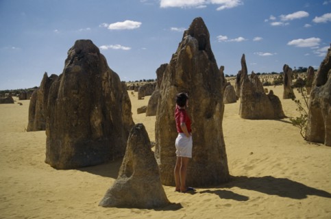 AUSTRALIA, Western Australia, Nambung National Park,  Rock pinnacles in desert landscape.