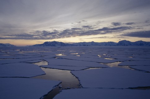 ANTARCTICA , Alexander Island, Broken ice flows at sunset