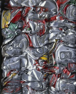 ENVIRONMENT, Recycling, Aluminium, Cans crushed into a bundle and ready for recycling