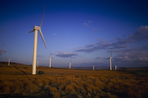 ENVIRONMENT, Energy, Wind Power, "Coal Clough Windfarm with tall wind turbines leading out across