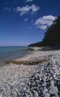 USA, Michigan, Lake Michigan, "View along shoreline with pebble beach, driftwood and breakwaters,