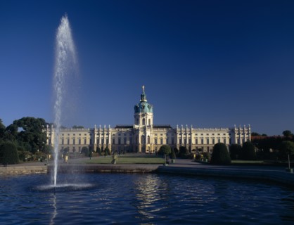 GERMANY, Berlin, Charlottenburg Palace. View over fountain and pond in the rear gardens