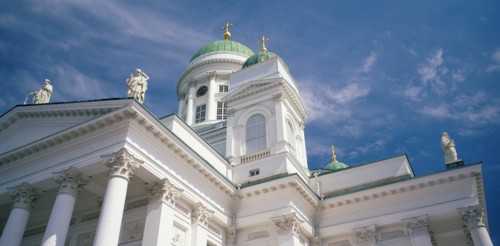 FINLAND, Uusimaa, Helsinki, Lutheran Cathedral Tuomiokirkko Close up with statues