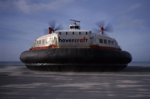 SEA, Hovercraft, General view travelling towards camera on dry land