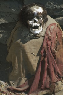 PERU, Ica Administrative Division, Nazca, Mummified body in a Nazca cemetery.