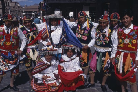 PERU, Cusco Department, Cusco, Group in traditional costume at Inti Raymi.