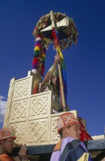 PERU, Cusco Department, Cusco, Emperor Pachacuti being carried in a golden throne at Inti Raymi.