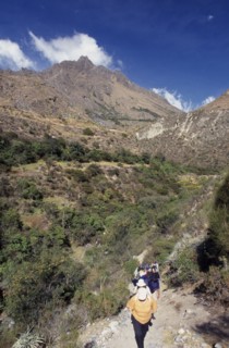 PERU, Cusco Department, The Inca Trail, "Treckers with back packs walking up a narrow pathway,