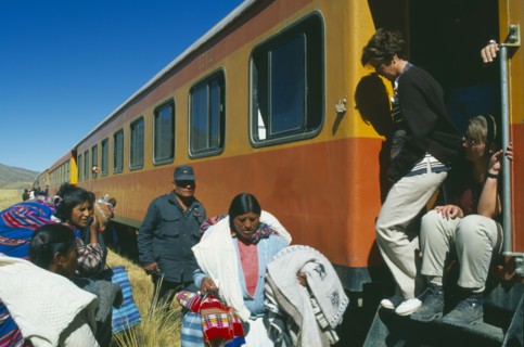PERU, Puno Department, "Train stopped at the altiplano on the highest pass on the line between Puno