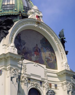CZECH REPUBLIC, Stredocesky , Prague, Municipal House.  Detail of domed roof and art nouveau