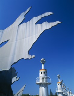 SPAIN, Catalonia, Barcelona, "Parc Espanya Industrial.  Abstract sculpture in foreground, line of