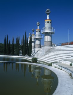 SPAIN, Catalonia, Barcelona, Parc Espanya Industrial.  Line of towers with balconies encircling