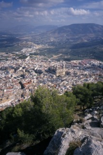 SPAIN, Andalucia, Jaén Province, "View from rocky hillside over Jaen with the cathedral in the