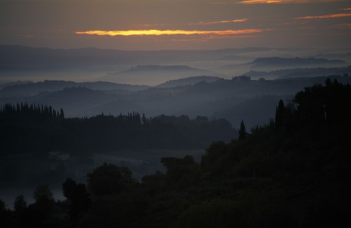 ITALY, Tuscany, San Gimignano, Sunrise through mist over wooded hillside.