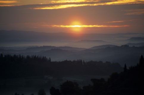 ITALY, Tuscany, San Gimignano, Sunrise through mist over wooded hillside.
