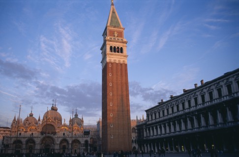 ITALY, Veneto, Venice, The Piazza San Marco with the Campanile bell tower in the foreground and the