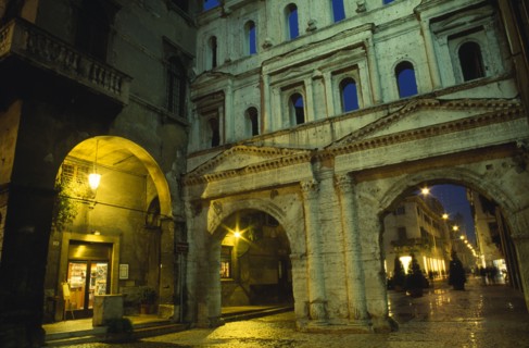 ITALY, Veneto, Verona , "Porta Borsari, Roman gateway at night."