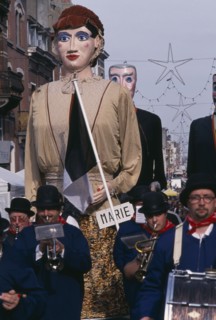 BELGIUM, Brabant, Brussels, "Woluwe St. Lambert, Spring Festival.  Parading bandsmen with giant