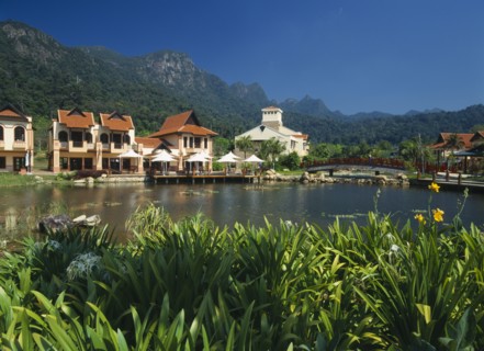 MALAYSIA, Kedah, Langkawi, Oriental Village shopping complex at Burau Bay set around an artificial